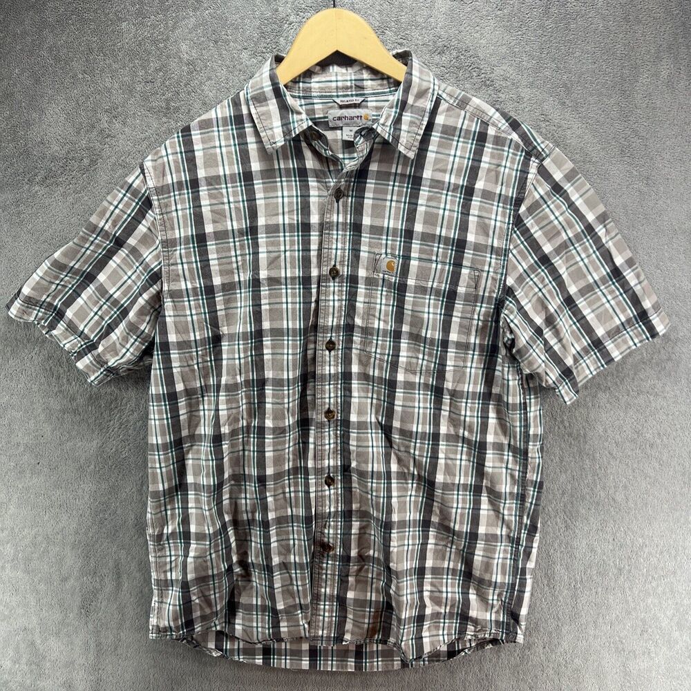 Carhartt Shirt‎ Button Up Men's Medium Short Sleeve Workwear Gray Green Striped
